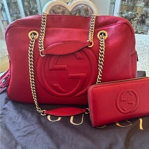 Gucci Red Leather Shoulder Bag with Wallet